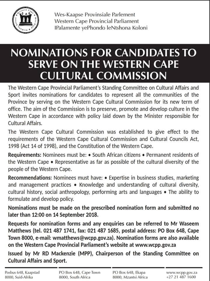 Nominations for candidates to serve on the Western Cape Cultural